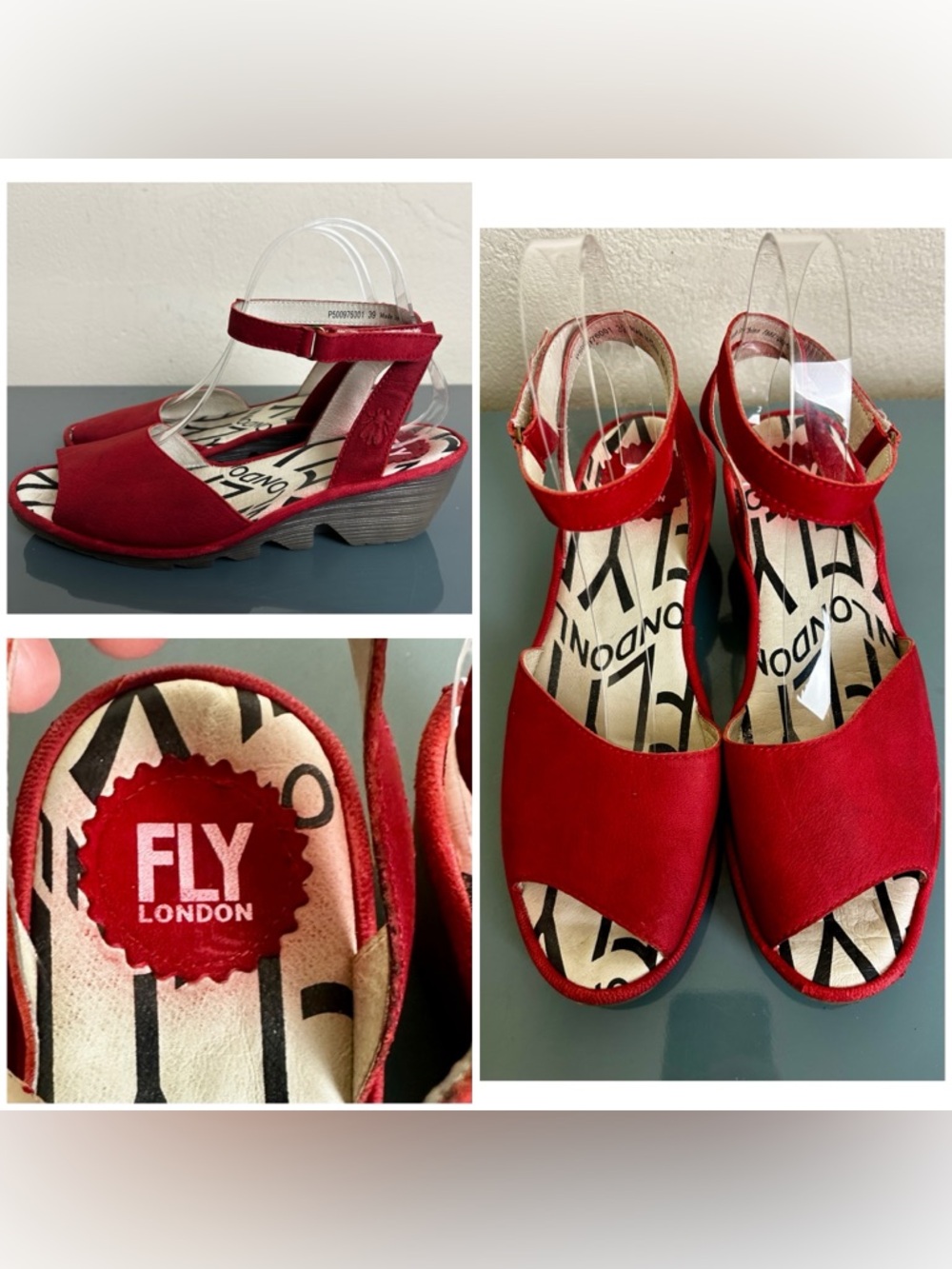 FLY London Wedge Sandals Red Leather Ankle Strap Comfort Open Toe EU 39 US 8-8.5